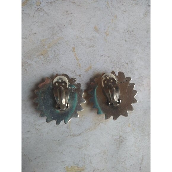 Vintage Mexican Sun Silver Tone Clip On Earrings Estate Jewelry - Picture 5 of 7